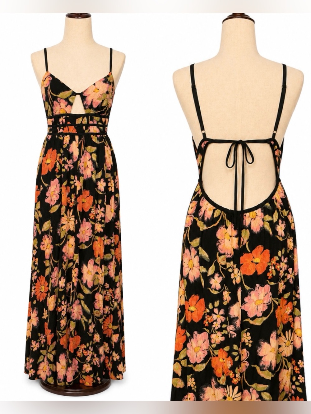 Free People Wisteria Maxi Dress Keyhole Front Open Back Dark Floral- M